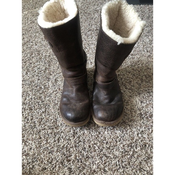 UGG Australia Women's Sutter Brown Leather Moto Buckle Snow Boots Size 8 Sheep - Picture 4 of 8